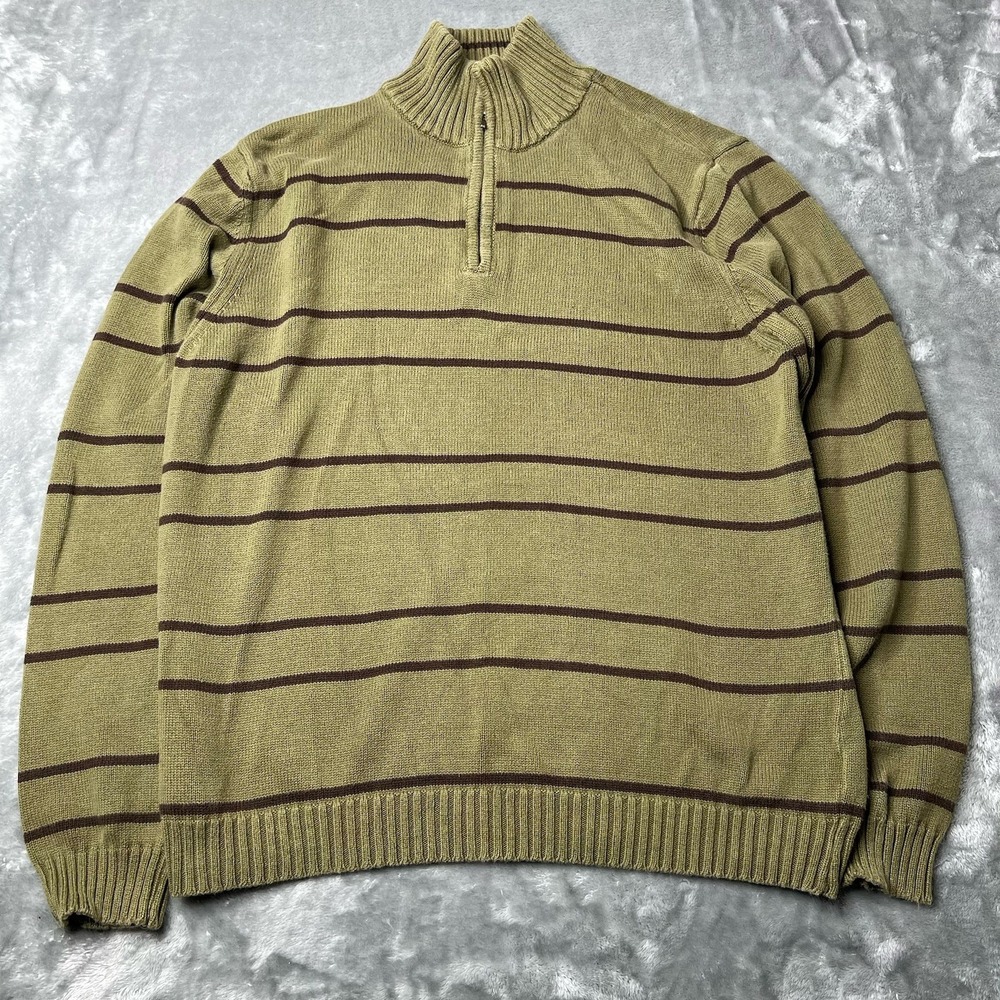 Arrow Sweater Men Size Large 100% Cotton Green Striped Knitted